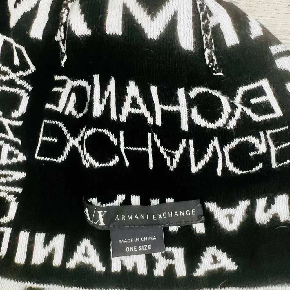 Armani Exchange White and Black Logo Beanie